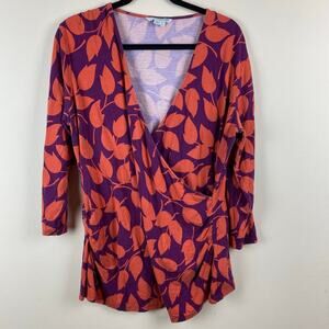 Boden Purple Orange Leaf Print Faux Wrap Top Size 18R Stretch Cottage Feminine